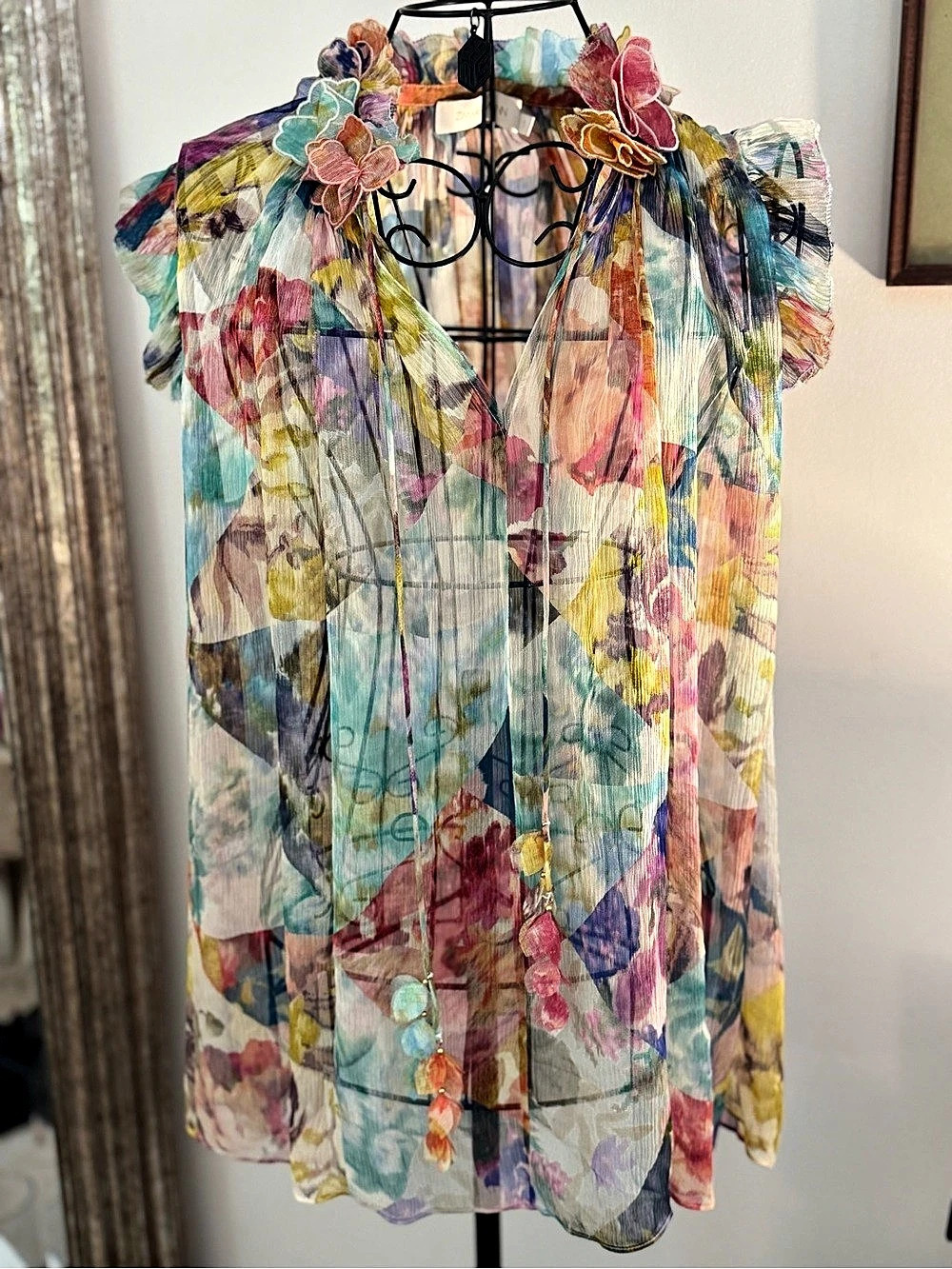 Zimmermann High Tide Frilled Silk Tank Top Ikat Patch Floral Size 1 Resort 2023